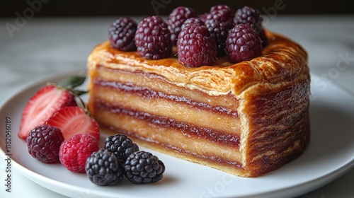 A delectable layered pastry filled with berry preserves, topped with fresh blackberries and raspberries, served on a white plate with sliced strawberr photo