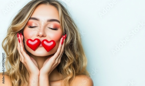 A beautifully made-up woman blowing valentine hearts
