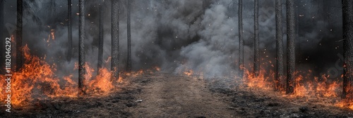 Intense flames and thick smoke fill a forest during a devastating wildfire, creating a dramatic and dangerous scene of environmental destruction photo