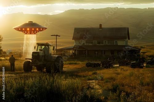UFO descends near an old farmhouse during sunset in a rural area