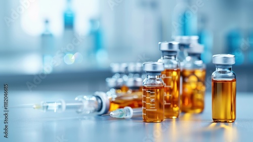 A close-up of glass vials filled with amber liquid and syringes, set against a blurred background of medical supplies, illustrating a clinical environment. photo