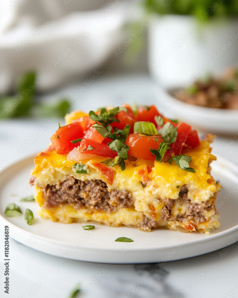 A slice of Amish breakfast casserole on a white plate, with copy space. Soft morning light. Simple farmhouse background. A slice of Amish breakfast casserole on a white plate, with copy space. Soft morning light. Simple farmhouse background.