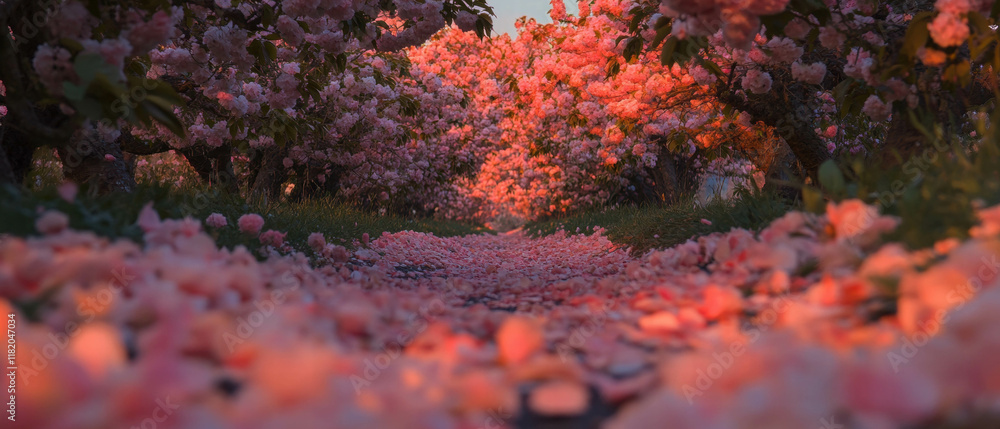 Cherry blossom trees create a romantic riverside pathway during springtime bloom Cherry blossom trees create a romantic riverside pathway during springtime bloom