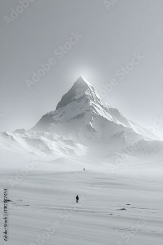 Two figures stand in awe before a majestic snow-capped mountain shrouded in mist against a stark, minimalist sky.