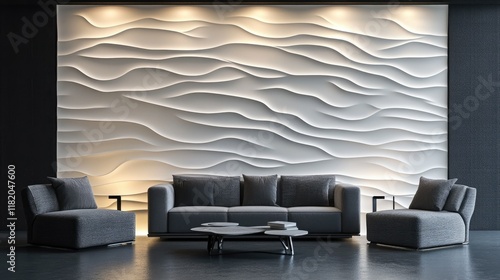 Fototapeta Naklejka Na Ścianę i Meble -  Abstract 3D wall panel design with a seamless white wave pattern and subtle contrasts between light and shadow