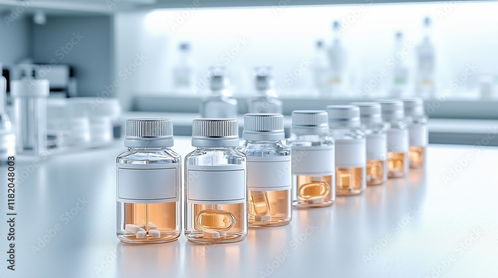 Laboratory with Sterile Vials and Capsules on a Clean Workbench Laboratory with Sterile Vials and Capsules on a Clean Workbench