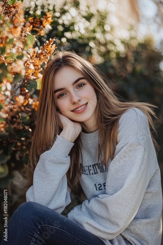 Young Woman Smiling Outdoors Surrounded by Greenery and Flowers