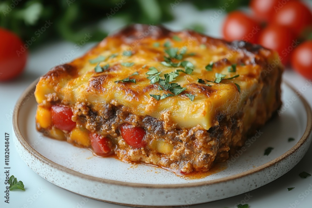 A savory baked pasta casserole with beef, tomatoes, and melted cheese A savory baked pasta casserole with beef, tomatoes, and melted cheese