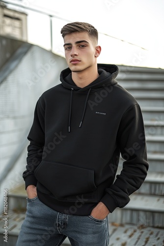 Stylish Young Man in Black Hoodie Posing on Outdoor Steps