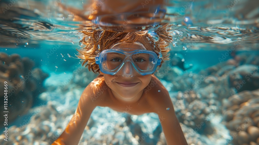 Naklejka premium A happy child wearing a snorkeling mask exploring the seabed among coral and rocks. Suitable for articles about children's vacations, family travel and scuba diving.