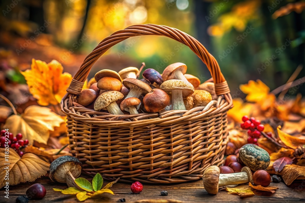 Rustic Still Life: A Basket Overflowing with Wild Mushrooms Rustic Still Life: A Basket Overflowing with Wild Mushrooms
