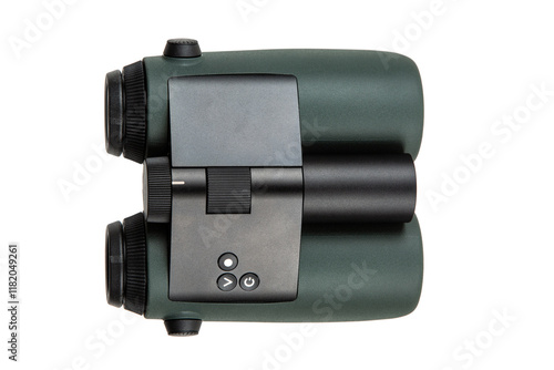 High-quality binoculars with green rubberized coating, black central focus wheel, and ergonomic design, isolated on a white back. photo