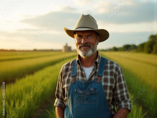 A farmer standing on the background of his estate, showcasing hard work and dedication in a rustic countryside setting