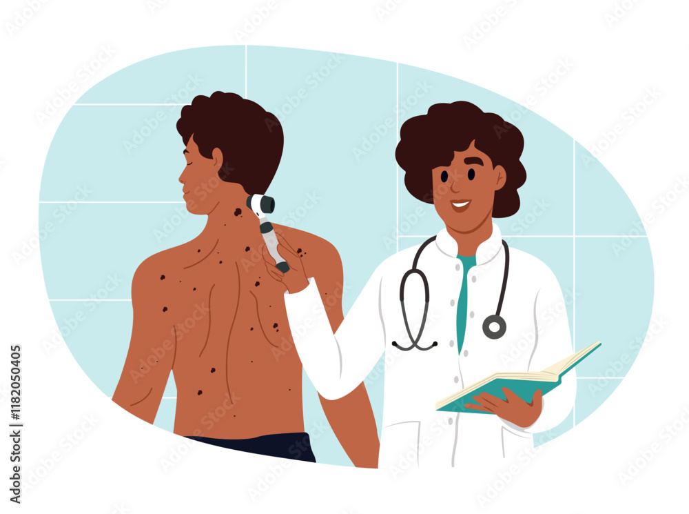 Obraz premium Skin cancer and melanoma awareness month. Health problem, skin diseases. Diagnosis of skin cancer. The doctor examines the patient's skin diseases using a dermoscope. Vector illustration