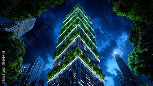 Revolutionizing urban living innovative green skyscraper design urban cityscape architectural marvel nighttime aesthetic sustainable concept photo