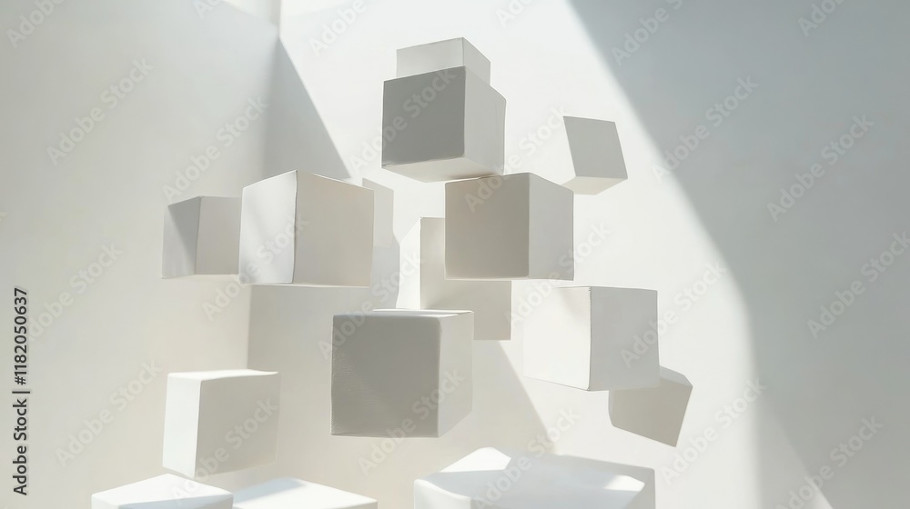 Floating 3D white cubes with varying sizes and soft shadows, arranged in a dynamic and minimalist pattern Floating 3D white cubes with varying sizes and soft shadows, arranged in a dynamic and minimalist pattern