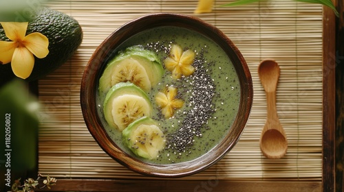 A smoothie bowl decorated with avocado slices, chia seeds, and tropical fruits, set on a bamboo mat with a small wooden spoon beside it.