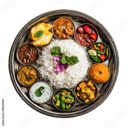 A traditional Indian Thali platter featuring a variety of curries rice vegetables and chutn