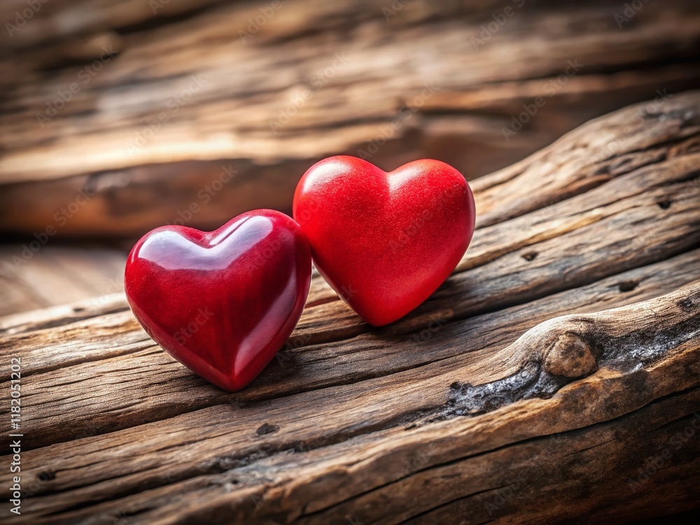 Rustic Valentine's Day: Two Red Wooden Hearts on a Log with Copy Space Rustic Valentine's Day: Two Red Wooden Hearts on a Log with Copy Space