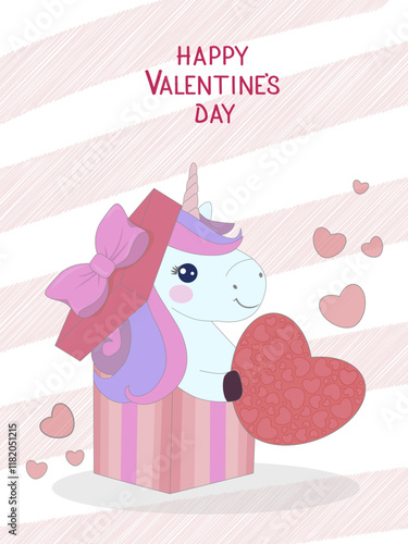 Romantic greeting card with unicorn in gift box. Valentine's day vertical backgrounds on February 14. Flat vector illustration for card, invitation, banner, poster, flyer, label or cover