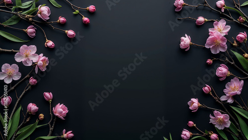 Pink peach blossoms creating a frame on dark background