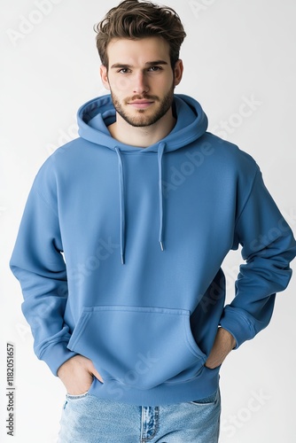 Stylish Young Man in Blue Hoodie Posing Against Plain Background