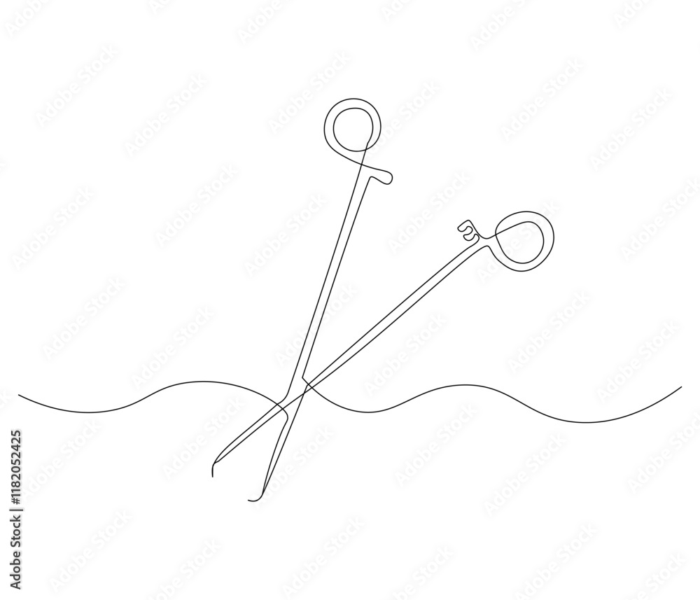 One continuous line drawing of medical scissors . Single line of medical scissors vector illustration One continuous line drawing of medical scissors . Single line of medical scissors vector illustration