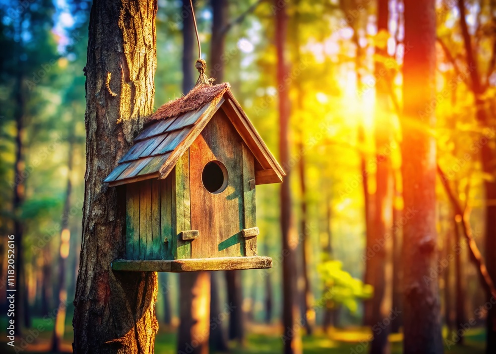 Rustic Wooden Birdhouse Hanging on Tree Branch - Nature Photography Rustic Wooden Birdhouse Hanging on Tree Branch - Nature Photography