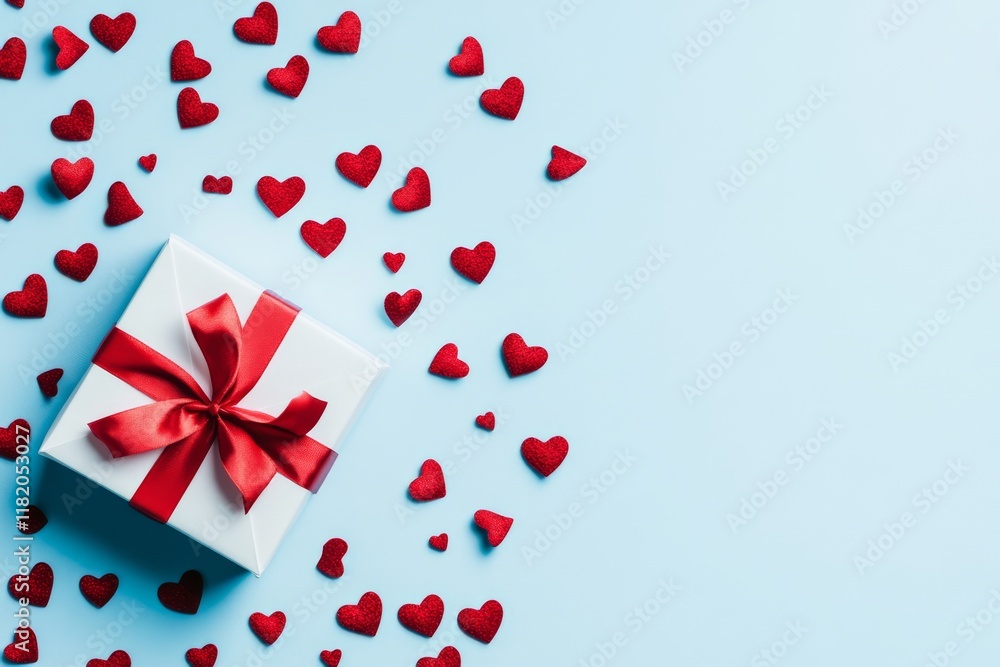 Valentines day background. Gift box with mixed hearts on a blue top view in a flat lay Valentines day background. Gift box with mixed hearts on a blue top view in a flat lay