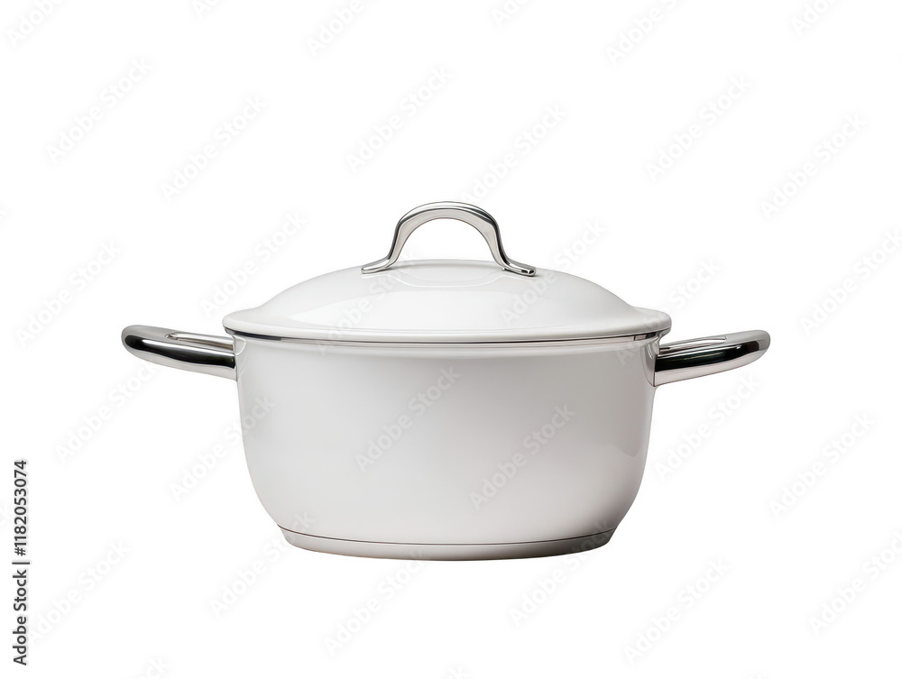 Sleek white ceramic cooking pot with lid on a dark, contrasting background Sleek white ceramic cooking pot with lid on a dark, contrasting background