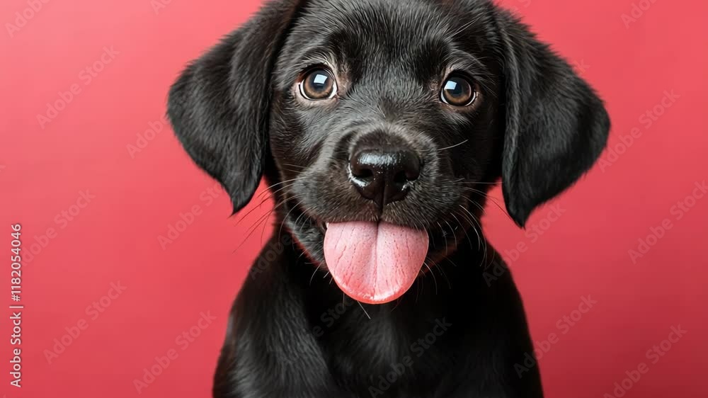 Playful black puppy with a curious expression poses against a vibrant red background Playful black puppy with a curious expression poses against a vibrant red background