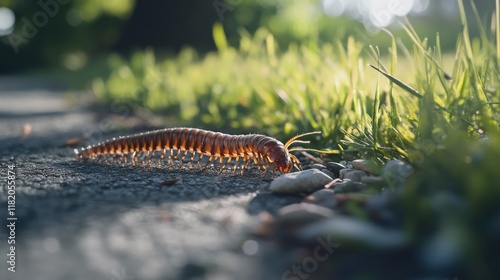 A realistic photo of a centipede on a garden path, its elongated body contrasting against the smooth surface, surrounded by grass and small pebbles. photo