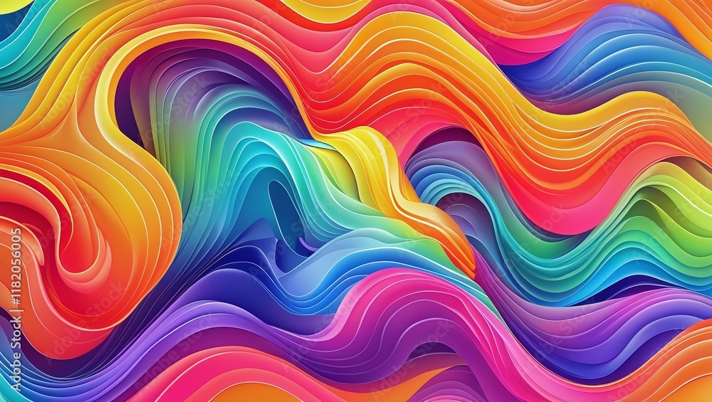 A vibrant and futuristic abstract graphic featuring a set of wavy, flowing shapes in a mesmerizing rainbow gradient of bright, bold colors, ombre-effect wave pattern A vibrant and futuristic abstract graphic featuring a set of wavy, flowing shapes in a mesmerizing rainbow gradient of bright, bold colors, ombre-effect wave pattern