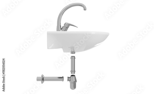 Fototapeta Naklejka Na Ścianę i Meble -  A side view of a white sink with a water tap. The plumbing of construction details, including a chrome pipes and siphon, isolated on a transparent background. PNG. 3d illustration.