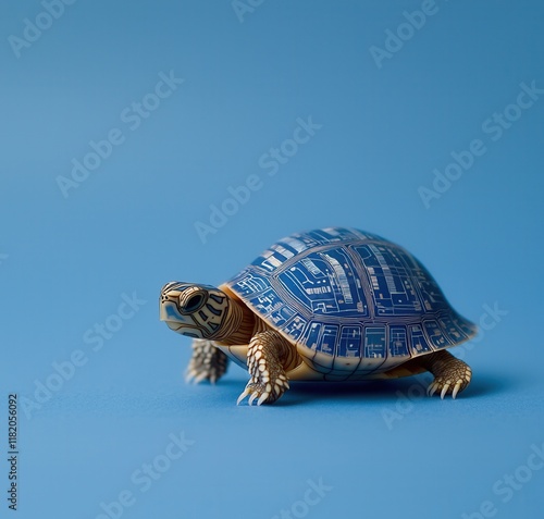 A stylized turtle featuring a blue circuit-patterned shell, set against a solid blue background, symbolizing technology and nature. photo