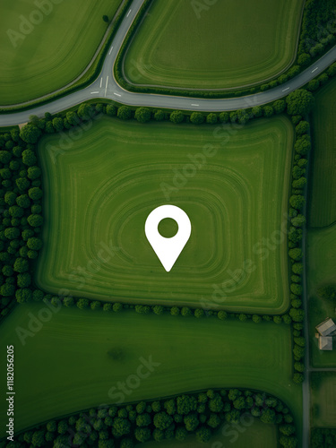 Land plot in aerial view, Top view land green field agriculture plant with pins, pin location icon for housing subdivision residential development owned sale rent buy or investment countryside suburbs photo