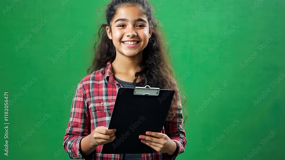 A girl is holding a clipboard and smiling A girl is holding a clipboard and smiling
