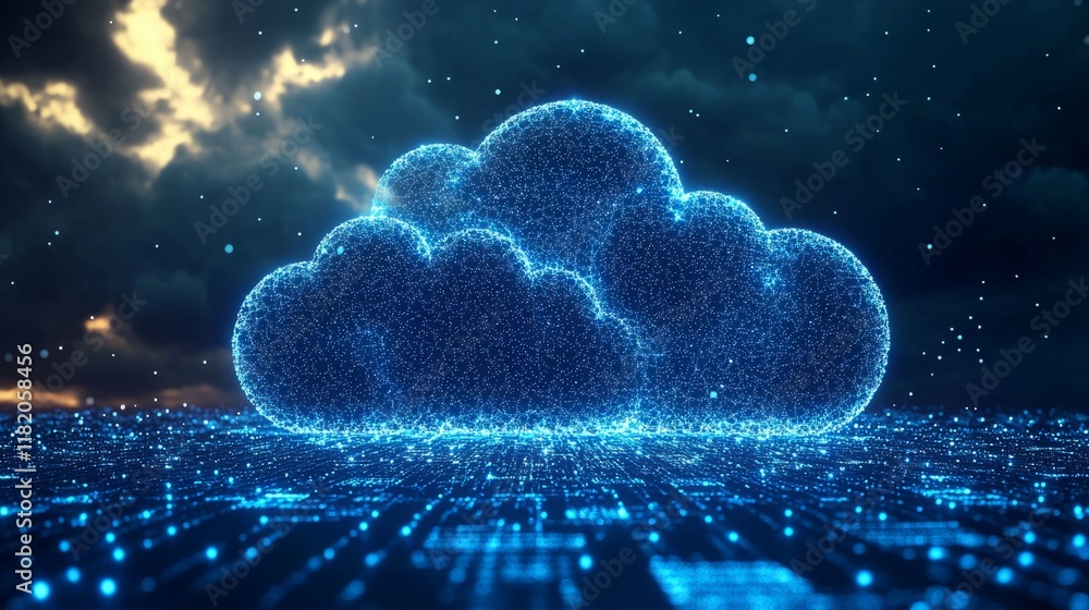 Stunning Digital Cloud Representation Surrounded by a Futuristic Data Landscape in an Electric Blue Atmosphere Stunning Digital Cloud Representation Surrounded by a Futuristic Data Landscape in an Electric Blue Atmosphere