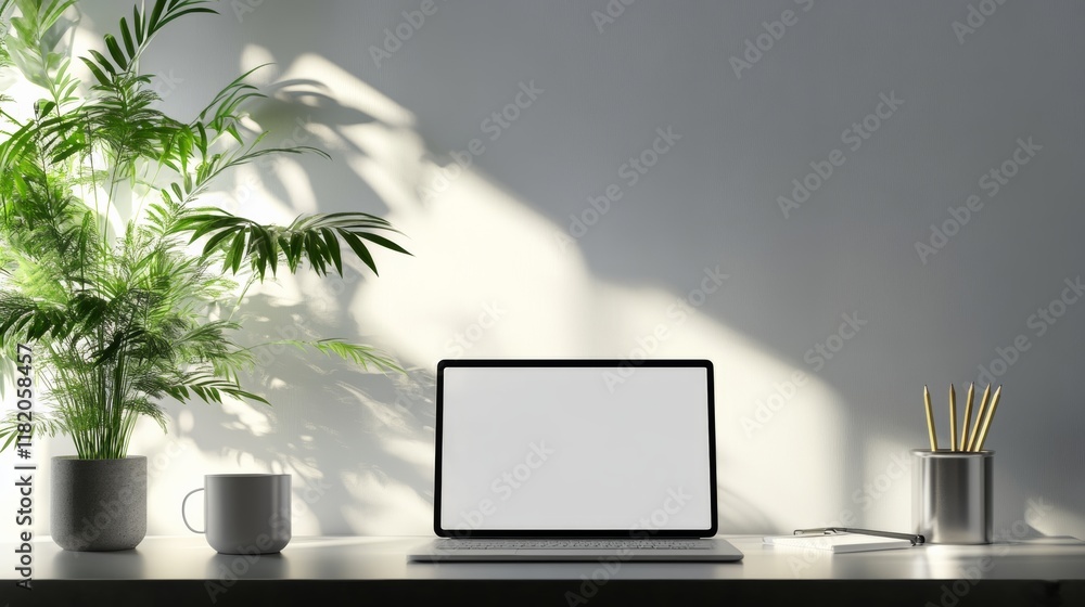 Fototapeta premium Workspace laptop computer, tablet, pencil and coffee cup with plant pot on modern office table.