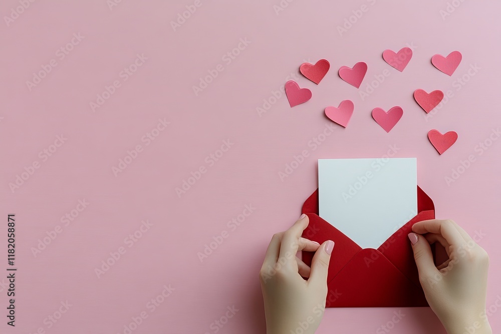 Valentine day holiday background with an envelope, paper card, and various red hearts, perfect for a romantic message. Flat lay style Valentine day holiday background with an envelope, paper card, and various red hearts, perfect for a romantic message. Flat lay style