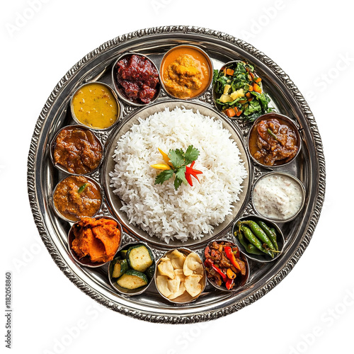 A traditional Indian Thali platter featuring a variety of curries rice vegetables and chutn photo