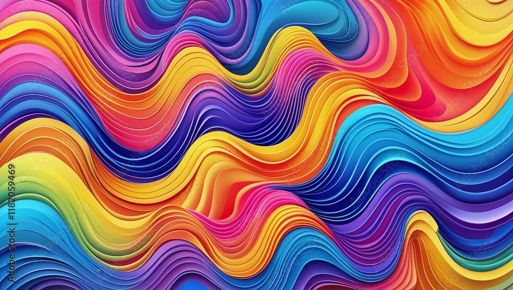 A vibrant and futuristic abstract graphic featuring a set of wavy, flowing shapes in a mesmerizing rainbow gradient of bright, bold colors, ombre-effect wave pattern A vibrant and futuristic abstract graphic featuring a set of wavy, flowing shapes in a mesmerizing rainbow gradient of bright, bold colors, ombre-effect wave pattern