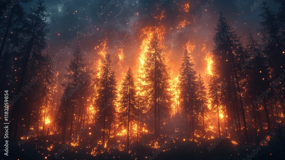 Naklejka premium A forest engulfed in flames, showcasing the destructive force of wildfires amidst dark, smoky skies.