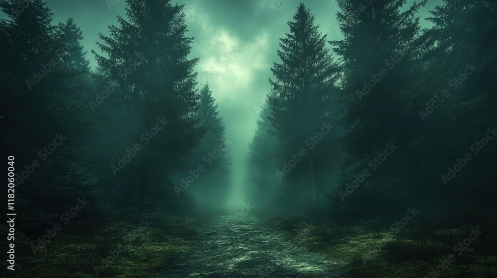 Obraz premium A misty forest path surrounded by tall trees, evoking a sense of mystery and tranquility.