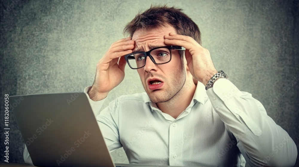 Obraz premium man with glasses having eyesight problems confused with laptop software