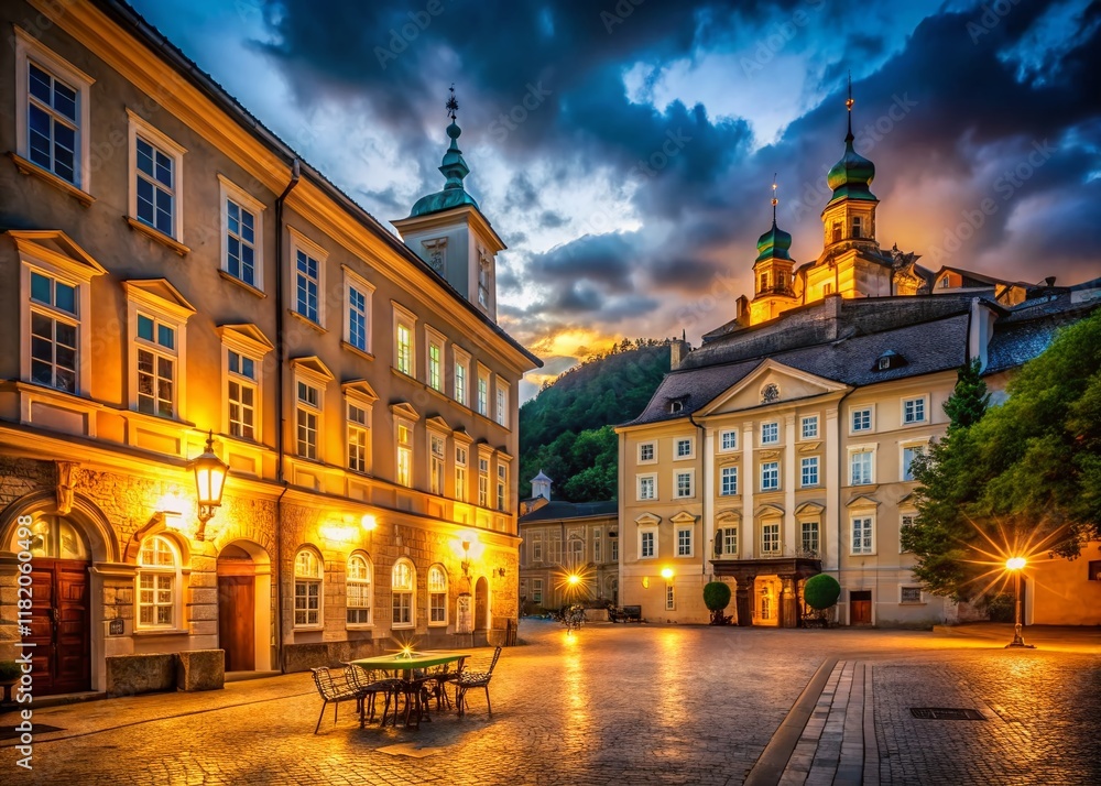 Fototapeta premium Salzburg Old Town Night Photography: Historic Architecture Illuminated