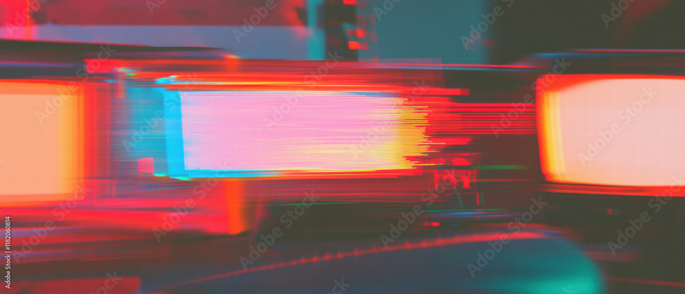Obraz premium Glitch art displaying vibrant VHS distortion with dynamic color shifts and retro aesthetic