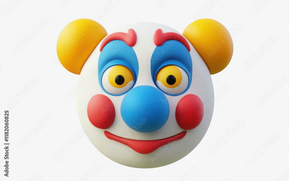 Fototapeta premium 3D emoji clown face with a blue nose, yellow eyes, and an embarrassed expression, simple design, flat shading, white isolated background 