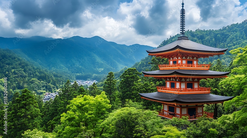 Three-story pagoda overlooking lush green valley and mountains under cloudy sky. Three-story pagoda overlooking lush green valley and mountains under cloudy sky.