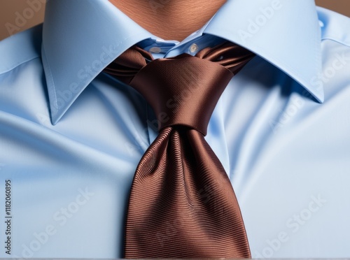 Sleek brown tie knotted on light blue dress shirt during formal preparation for an event photo